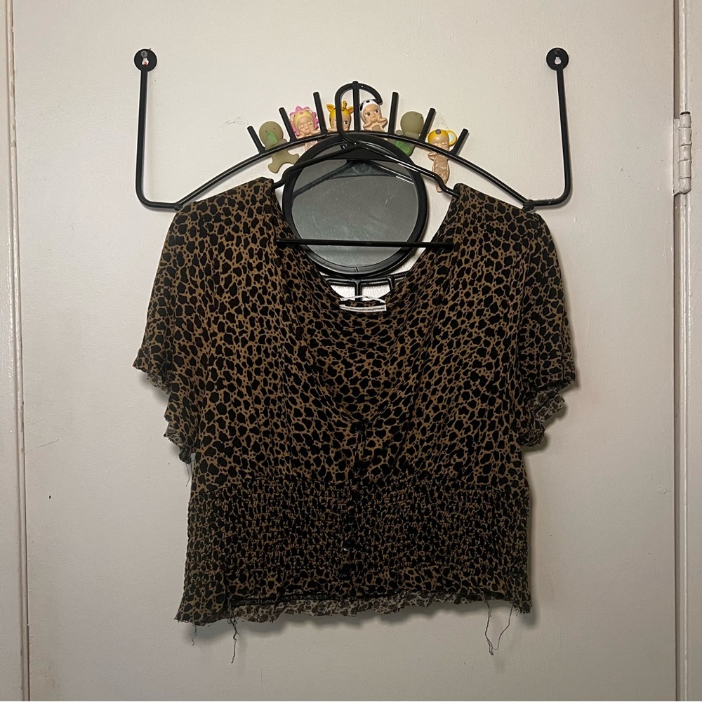Urban Outfitters Brown and Black Flutter Sleeve Crop Top